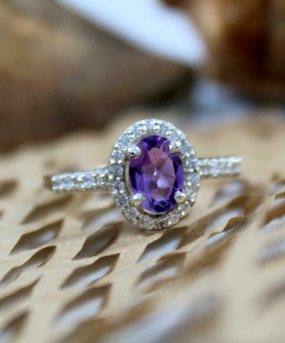 2ct Engagement Ring Oval Cut Purple Amethyst Diamond Halo 14k White Gold Finish