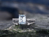 2.1Ct Emerald Cut Blue Aquamarine Bridal Set Engagement Ring 18K White Gold Over