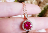 2ct Round Cut Pink Ruby Halo Solitaire Pendant with Chain 14k Rose Gold Finish