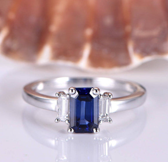 1ct Emerald Cut Blue Sapphire Three Stone Engagement Ring 14k White Gold Finish