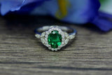 2.2ct Oval Cut Green Emerald Engagement Ring Halo Floral 14k White Gold Finish