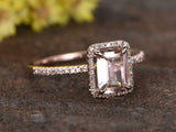 1.2ct Emerald Cut Peach Morganite Engagement Ring 14k RoseGold Finish Halo Women