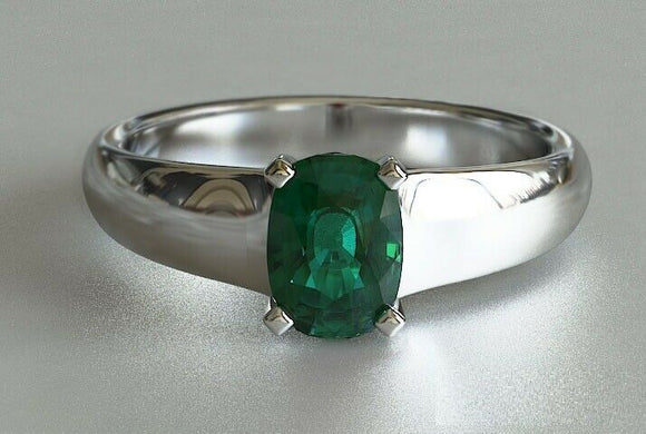 1.2ct Cushion Cut Green Emerald Engagement Ring Solitaire 14k White Gold Finish