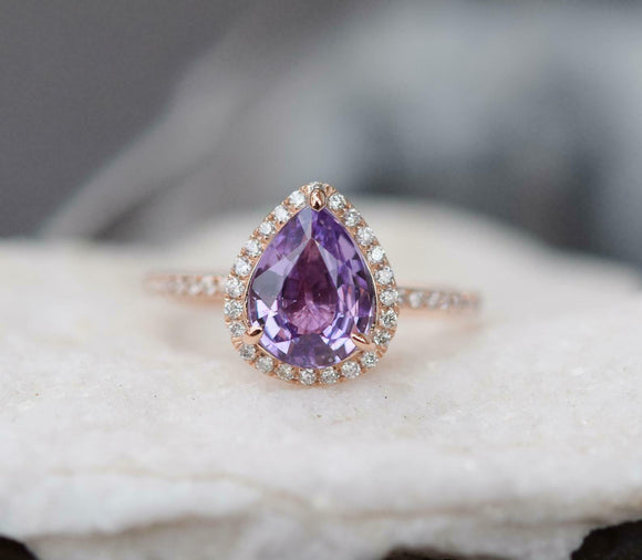 1.7ct Pear Cut Purple Amethyst Engagement Ring Halo 14k Rose Gold Finish