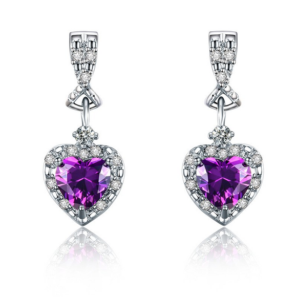 3Ct Heart Cut Purple Amethyst Diamond Elegant Drop Earring 14K White Gold Finish