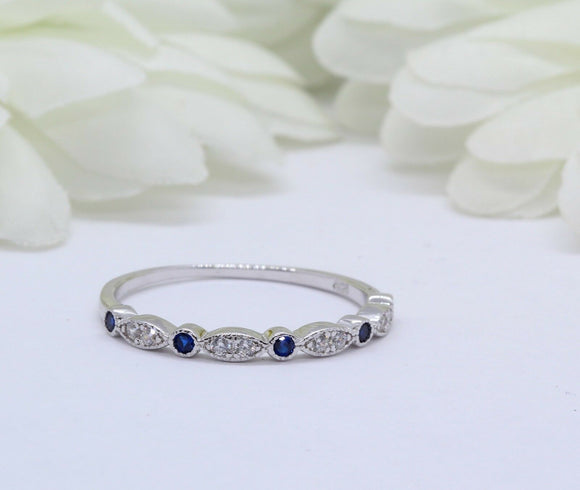 1Ct Round Cut Blue Sapphire Diamond Stackable Wedding Band 14K White Gold Finish