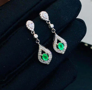 2.3ct Drop Earrings Oval Cut Green Emerald Dangling Halo 14k White Gold Finish