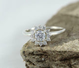 1.5ct Engagement Ring Round Cut Diamond Floral Solitaire 14k White Gold Finish