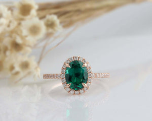 1.5ct Oval Cut Green Emerald Halo Diamond Engagement Ring 14k Rose Gold Finish