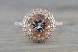 2.5ct Round Cut Peach Morganite Engagement Ring Double Halo 14k Rose Gold Finish