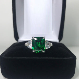 2ct Trillion Diamond Green Emerald Trilogy Engagement Ring 14k White Gold Finish