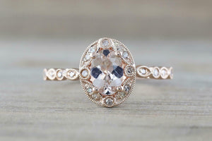 2ct Oval Cut Peach Morganite Engagement Ring Milgrain Halo 14k Rose Gold Finish