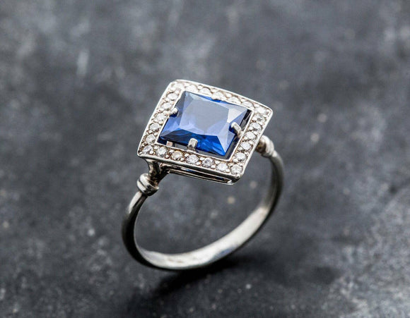 2ct Engagement Ring Princess Cut Blue Sapphire Diamond Halo 14k White Gold Over