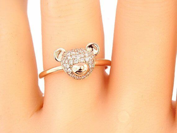 0.5ct Round Cut Diamond Cartoon Bear Design Ring Kids 14k Rose Gold Finish