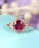 1.1ct Oval Cut Pink Ruby Halo Butterfly Engagement Ring 14k Rose Gold Finish