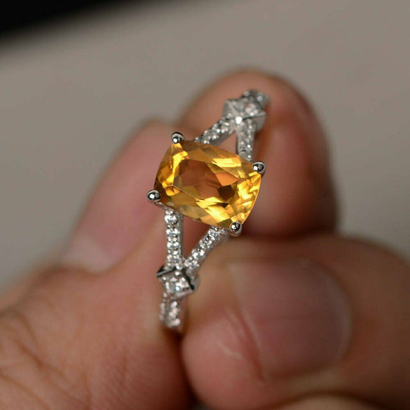 2ct Cushion Cut Yellow Citrine Engagement Ring 14k White Gold Finish Split Shank