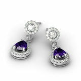 4Ct Pear Cut Purple Amethyst Diamond Halo Tear Drop Earrings 14K White Gold Over