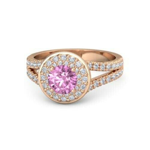 3Ct Round Pink Sapphire Dual Diamond Halo Engagement Ring 14K Rose Gold Finish