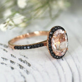 3Ct Oval Peach Morganite Black Diamond Halo Engagement Ring 14K Rose Gold Finish