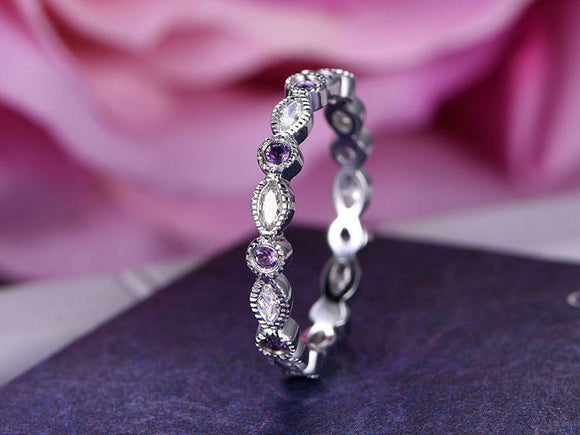 1.2ct Round Cut Purple Amethyst Full Eternity Vintage Band 14k White Gold Finish