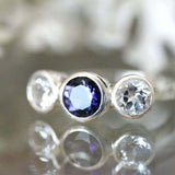 1ct Round Cut Blue Sapphire Engagement Ring Diamond Trilogy 14k White Gold Over