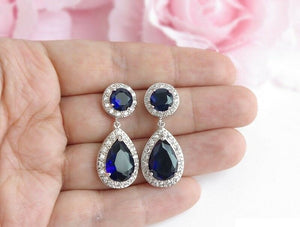 3ct Pear Blue Sapphire Diamond Halo Tear Rain Drop Earring 14k White Gold Finish