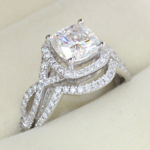 4Ct Cushion Cut VVS1D Diamond Bridal Set Halo Ring Band 14K White Gold Finish