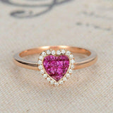 1.7ct Princess Cut Pink Ruby Engagement Ring 14k Rose Gold Over Halo Heart Shape