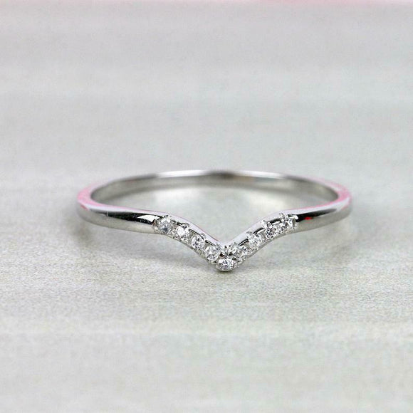 0.8ct Round Cut Diamond Wedding Band V Shaped Petite Curved 14k White Gold Over