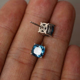 2ct Stud Earrings Cushion Cut London Blue Topaz Solitaire 14k White Gold Finish