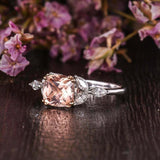 1.5ct Cushion Cut Peach Morganite Floral Leaf Solitaire Ring 14k Dual Gold Over