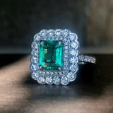 3ct Green Emerald Cut Engagement Ring Double Halo Cocktail 14k White Gold Finish