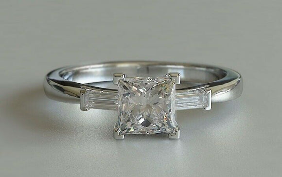 2ct Princess Diamond Engagement Ring Trilogy Baguette Accent 14k White Gold Over