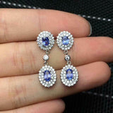 2.8ct Drop Earrings Oval Cut Blue Tanzanite Double Halo 14k White Gold Finish