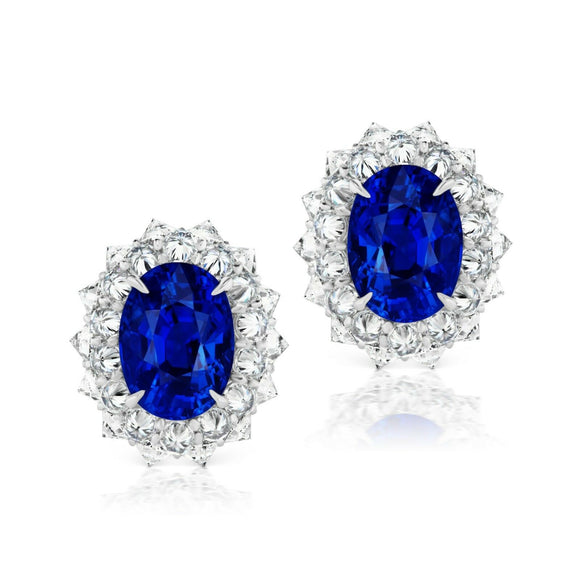 4Ct Oval Cut Blue Sapphire Inverted Diamonds Stud Earrings 14K White Gold Finish