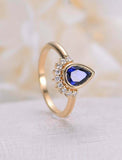 1ct Pear Cut Blue Sapphire Engagement Ring Diamond Crown 14k Yellow Gold Finish