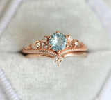 1.2ct Round Cut Aquamarine Crown Bridal Set Engagement Ring 14k Rose Gold Finish