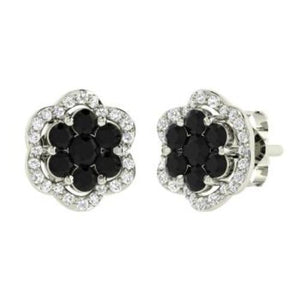 2Ct Round Cut Black Diamond Flower Design Halo Stud Earrings 18K White Gold Over