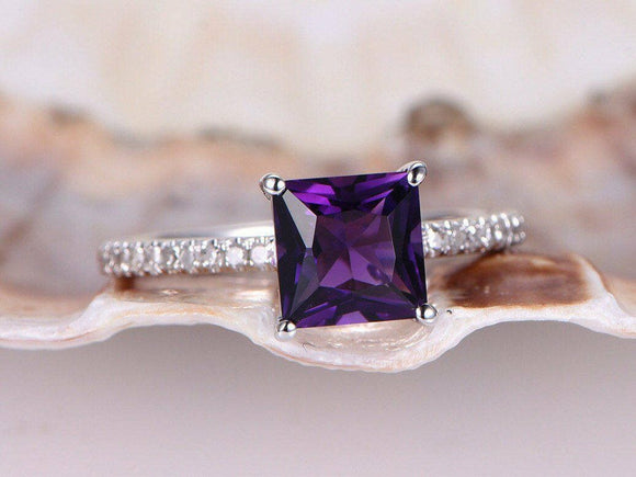 1ct Princess Cut Purple Amethyst Solitaire Engagement Ring 14k White Gold Finish