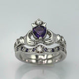 2ct Heart Purple Amethyst Engagement Ring Claddagh Bridal Set 14k WhiteGold Over