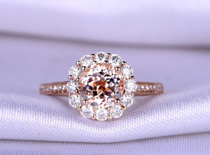 2.8ct Round Cut Morganite Engagement Ring Diamond Floral Halo 14k Rose Gold Over