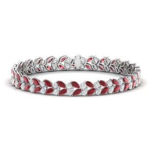 20Ct Marquise Cut Pink Ruby Diamond Royal Tennis Bracelet 14K White Gold Finish