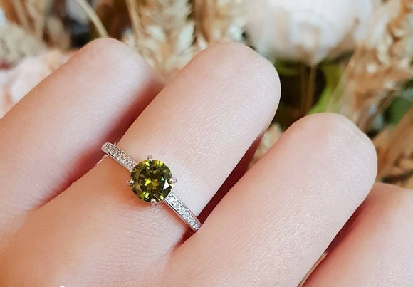 1ct Round Cut Green Peridot Engagement Ring 14k White Gold Finish Minimalist