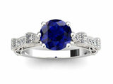 1.5ct Round Blue Sapphire Engagement Ring Vintage Filigree 14k White Gold Finish