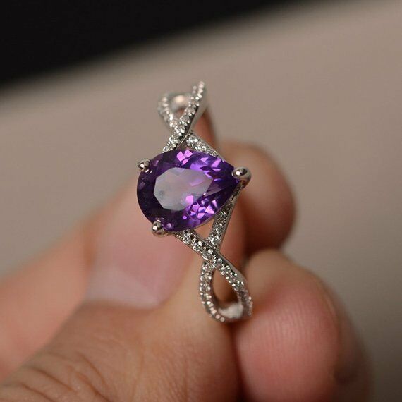 1ct Pear Purple Amethyst Infinity Solitaire Engagement Ring 14k WhiteGold Finish