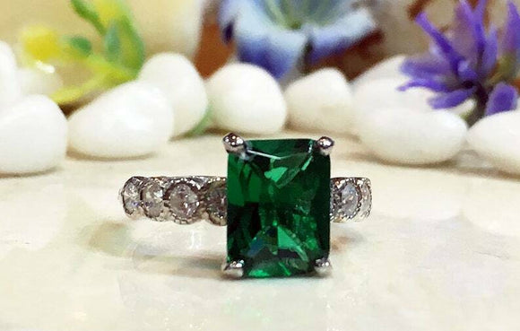 2.1ct Radiant Cut Green Emerald Round Diamond Accent Ring 14k White Gold Finish