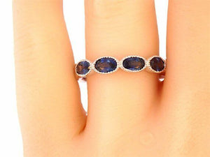 4Ct Oval Blue Sapphire Milgrain Half Eternity Wedding Band 14K White Gold Finish