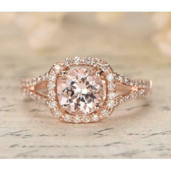 2ct Round Peach Morganite Engagement Ring 14k Rose Gold Finish Halo Split Shank