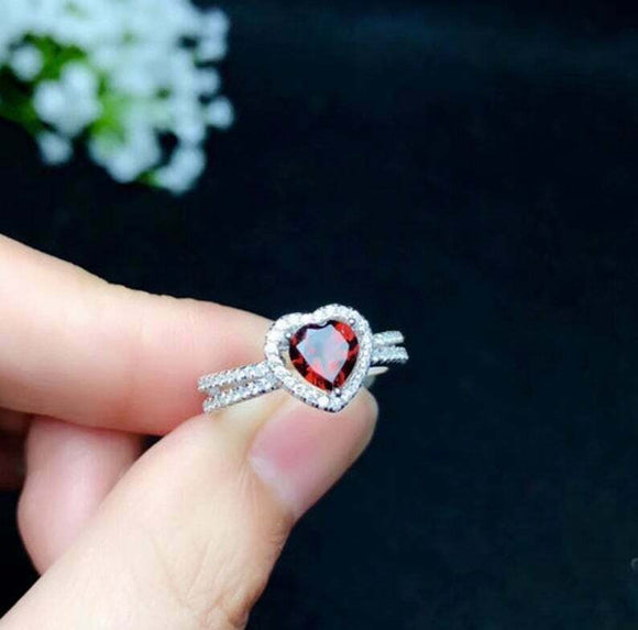 1ct Engagement Ring Heart Cut Red Garnet Halo Split Shank 14k White Gold Finish