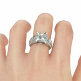 3Ct Princess Cut Diamond Stylish Solitaire with Accent Ring 14K White Gold Over